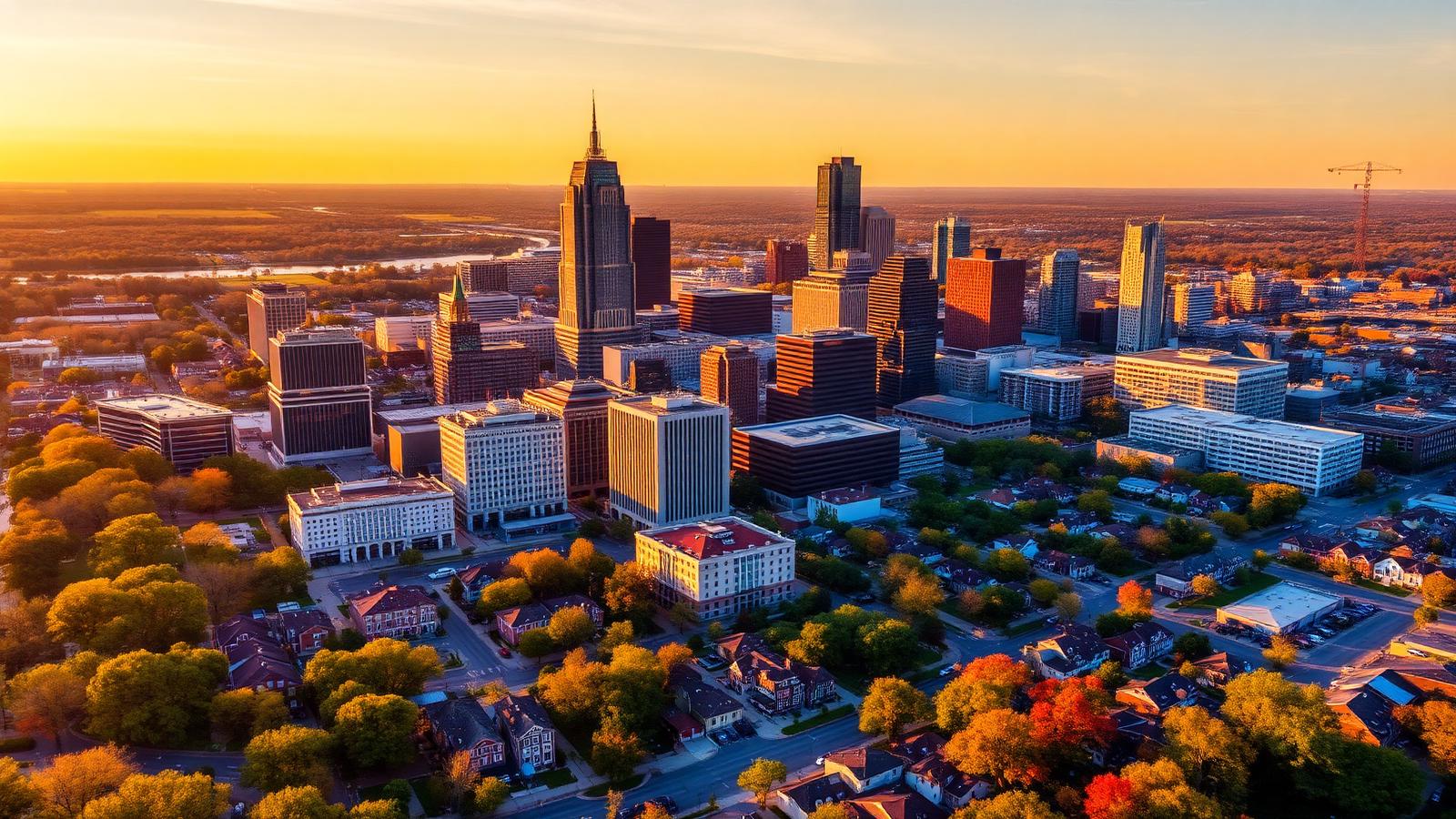 Aerial view of the Columbus, Ohio skyline at golden hour